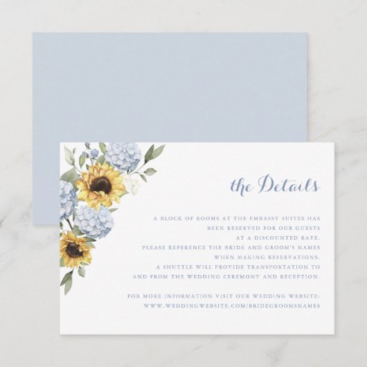 Zonnebloemen Blauwe Hortensia Groene Huwelijksdeta Kaart (Voorkant / Achterkant)