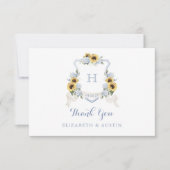 Zonnebloemen Blauwe Hortensia Wapen Trouw Monogram Bedankkaart (Voorkant)