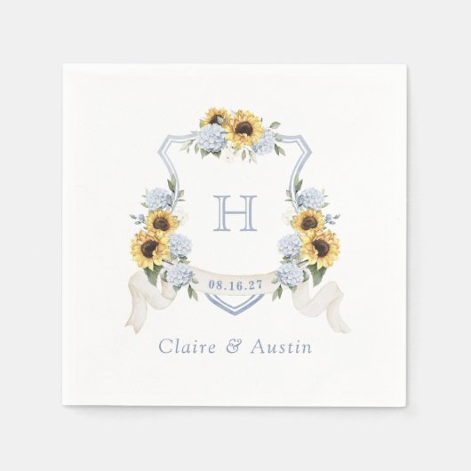 Zonnebloemen Blauwe Hortensia Wapen Trouw Monogram Servet (Voorkant)