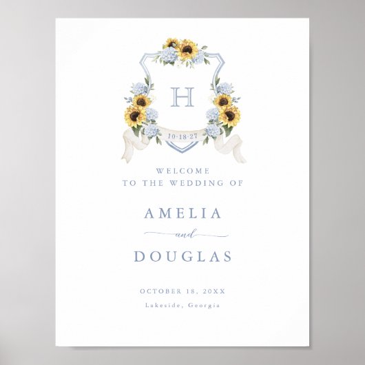 Zonnebloemen Blauwe Hortensia Wapen Welkom Bord Poster (Voorkant)