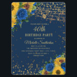 Zonnebloemen Blauwe Rozen Glitter 40th Birthday Kaart<br><div class="desc">Elegante en stijlvolle gele zonnebloemen en blauwe rozen met gouden glitter en mousserende snaarlampen 40e verjaardagsfeest uitnodiging voor vrouwen.</div>