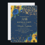 Zonnebloemen Blauwe Rozen Glitter 50th Birthday Kaart<br><div class="desc">Elegante en stijlvolle gele zonnebloemen en blauwe rozen met gouden glitter en mousserende snaarlampen voor de 50e verjaardag van de feestdag voor vrouwen.</div>
