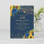 Zonnebloemen Blauwe Rozen Glitter 60th Birthday Kaart (Staand voorkant)
