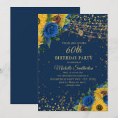 Zonnebloemen Blauwe Rozen Glitter 60th Birthday Kaart (Voorkant / Achterkant)
