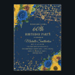 Zonnebloemen Blauwe Rozen Glitter 60th Birthday Kaart<br><div class="desc">Elegante en stijlvolle gele zonnebloemen en blauwe rozen met gouden glitter en mousserende snaarlampen 60e verjaardag uitnodiging voor vrouwen.</div>
