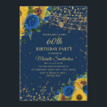 Zonnebloemen Blauwe Rozen Glitter 60th Birthday Kaart<br><div class="desc">Elegante en stijlvolle gele zonnebloemen en blauwe rozen met gouden glitter en mousserende snaarlampen 60e verjaardag uitnodiging voor vrouwen.</div>