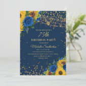 Zonnebloemen Blauwe Rozen Glitter 75th Birthday Kaart (Staand voorkant)