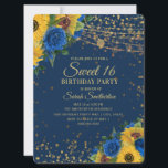 Zonnebloemen Blauwe Rozen Glitter Sweet 16 Kaart<br><div class="desc">Elegant en stijlvol gele zonnebloemen en blauwe rozen met gouden glitter en mousserende snaarlampen Sweet 16 verjaardagsfeestdagen voor tieners.</div>