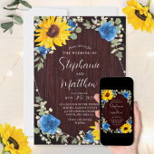 Zonnebloemen Blauwe Rozen Lichten Hout Bruiloft Kaart