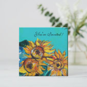 ZONNEBLOEMEN ,BLAUWE TURQUOISE ZOMERPARTY UITNODIG KAART (Staand voorkant)