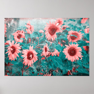 Zonnebloemen Blauwgroen Roze Floral  Grunge Textuu Poster