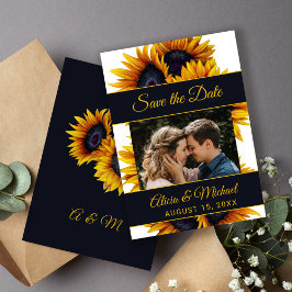 Zonnebloemen bloeien | Goud en marine foto bruilof Save The Date