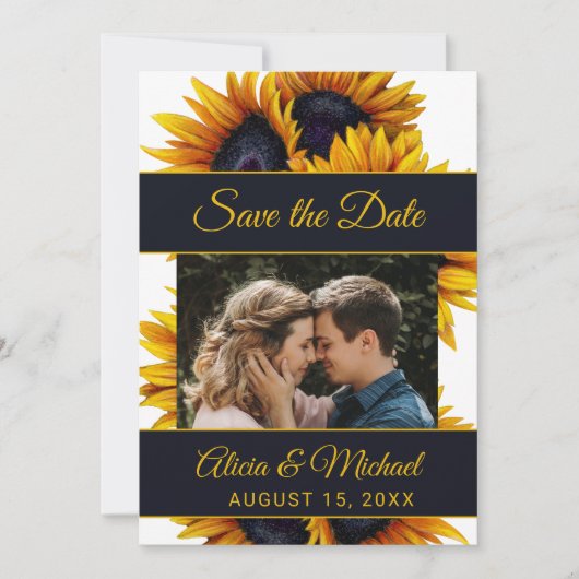 Zonnebloemen bloeien | Goud en marine foto bruilof Save The Date (Voorkant)