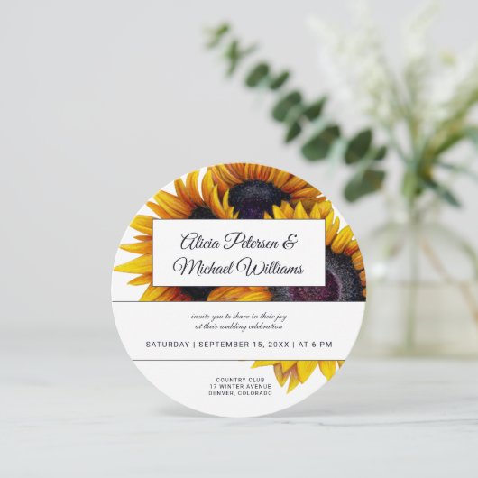 Zonnebloemen bloeien | Goud en wit moderne bruilof Kaart (Staand voorkant)