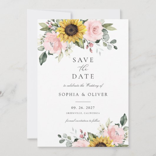 Zonnebloemen Bloemen Blauw Groen Save the Date Kaart (Voorkant)