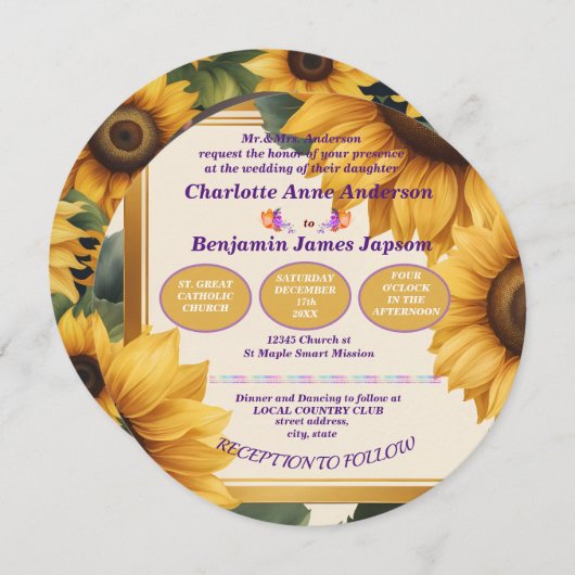 Zonnebloemen bloemenbruiloft kaart (Voorkant / Achterkant)