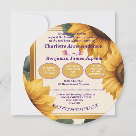 Zonnebloemen bloemenbruiloft kaart (Voorkant)