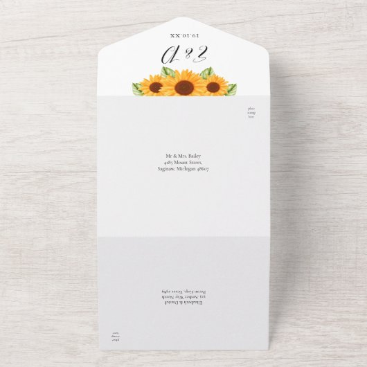 Zonnebloemen Bloemrijke Elegante Script Bruiloft All In One Uitnodiging (Buitenkant)