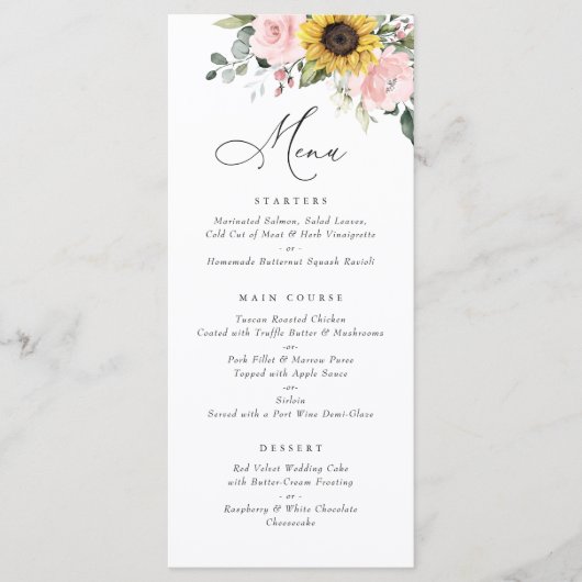 Zonnebloemen Blozen Roze Bloemige Groene Huwelijks Menu (Voorkant)