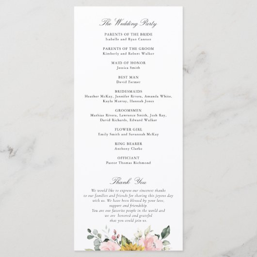 Zonnebloemen Blozen Roze Bloemige Romantische Trou Programmakaart (Achterkant)