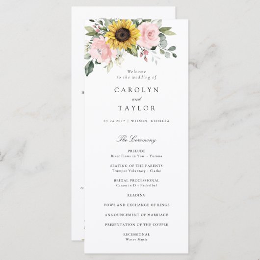 Zonnebloemen Blozen Roze Bloemige Romantische Trou Programmakaart (Voorkant / Achterkant)
