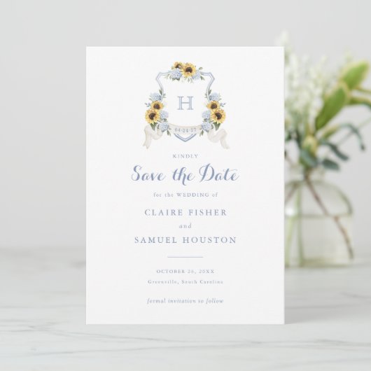 Zonnebloemen Blue Hydrangea Crest Save the Date Kaart (Staand voorkant)