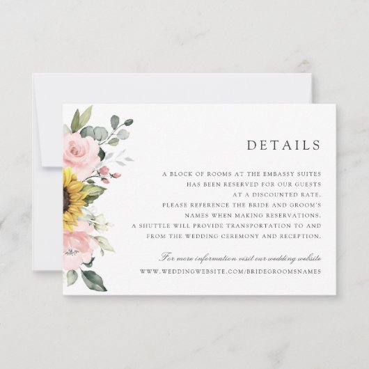 Zonnebloemen Blush Greenery Wedding Details Kaart (Voorkant)