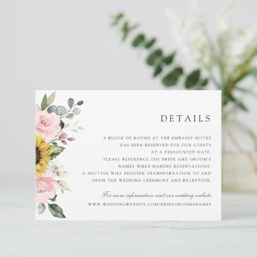 Zonnebloemen Blush Greenery Wedding Details Kaart (Staand voorkant)