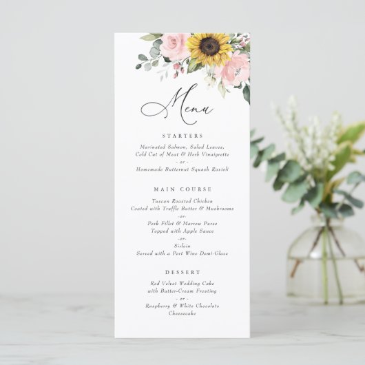 Zonnebloemen Blush Roze Bloemen Greenery Wedding M Menu (Staand voorkant)