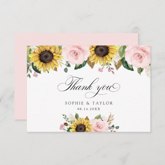 Zonnebloemen Blush Roze Bloemen Huwelijk Dank u Bedankkaart (Voorkant / Achterkant)