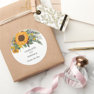 Zonnebloemen Boeket Bloemstuk Bruidspaar Naam Trou Ronde Sticker