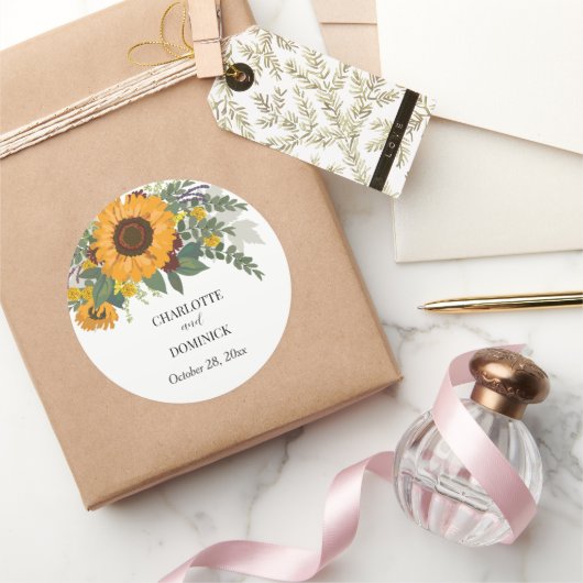 Zonnebloemen Boeket Bloemstuk Bruidspaar Naam Trou Ronde Sticker (Geschenken)