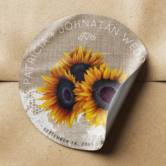 Zonnebloemen boeket rustieke jute kant bruiloft ronde sticker