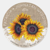 Zonnebloemen boeket rustieke jute kant bruiloft ronde sticker (Voorkant)