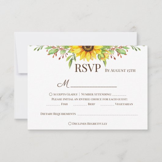 Zonnebloemen bono bruiloft romantische zomertijd RSVP kaartje (Voorkant)