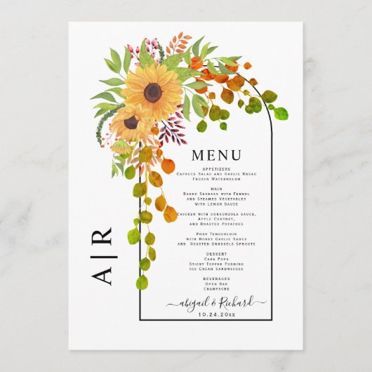 Zonnebloemen, boog en monogram herfst bruiloft menu (Voorkant)