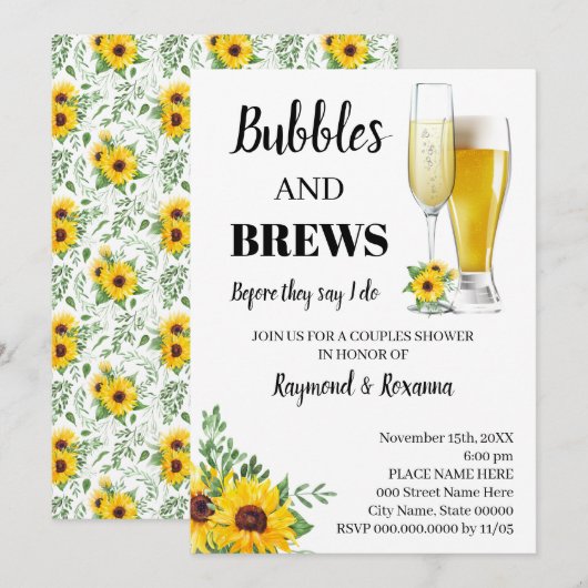 Zonnebloemen borrels & drankjes koppel bruisfeestj kaart (Voorkant / Achterkant)