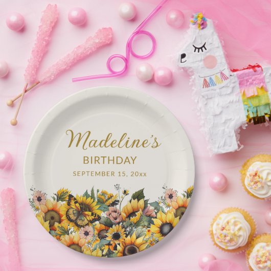 Zonnebloemen Boterfly Vrouwendag Papieren Bordje (Feest)