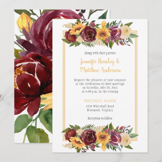 Zonnebloemen & Bourgogne Bloemen Drop Goud Lijst Kaart (Voorkant / Achterkant)