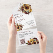 Zonnebloemen Bourgogne Bloemen QR Code Bruiloft All In One Uitnodiging (Afscheurbaar)
