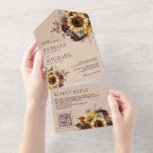 Zonnebloemen Bourgogne Bloemen QR Code Burlap Brui All In One Uitnodiging (Afscheurbaar)