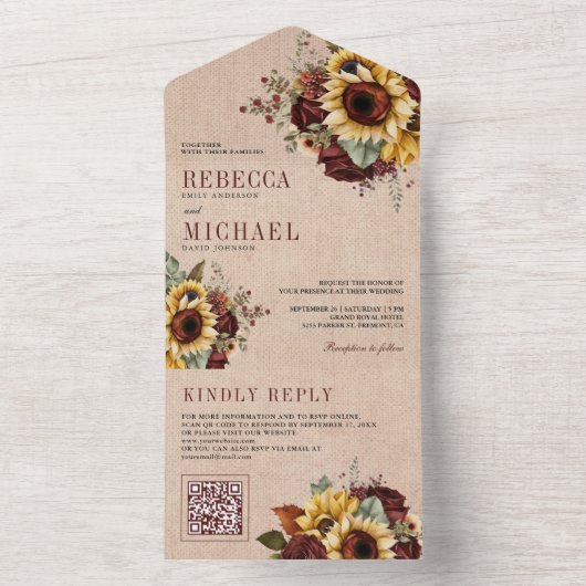 Zonnebloemen Bourgogne Bloemen QR Code Burlap Brui All In One Uitnodiging (Binnen)