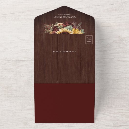 Zonnebloemen Bourgogne Bloemen QR Code Hout Bruilo All In One Uitnodiging (Buitenkant)