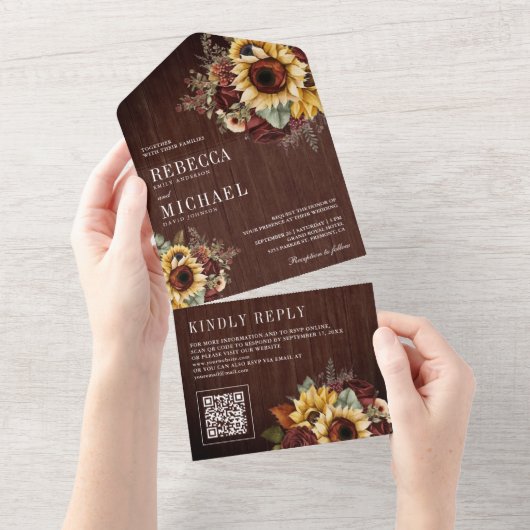 Zonnebloemen Bourgogne Bloemen QR Code Hout Bruilo All In One Uitnodiging (Afscheurbaar)