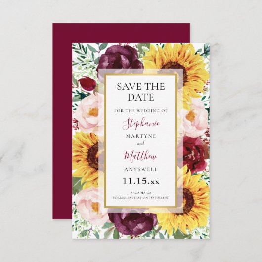 Zonnebloemen Bourgondië bloemen gouden bruiloft Save The Date (Voorkant / Achterkant)
