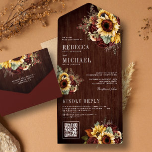 Zonnebloemen Bourgondië Bloemen QR Code Houten Bru All In One Uitnodiging