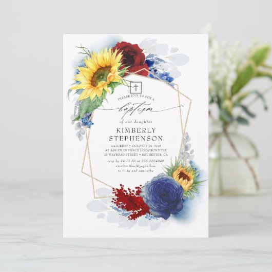 Zonnebloemen Bourgondië en Navy Blauw Bloemen Doop Kaart (Staand voorkant)