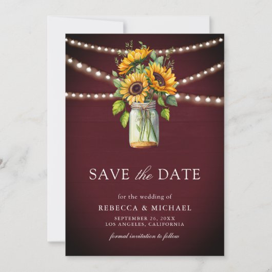 Zonnebloemen Bourgondië Mason Jar Foto bruiloft Save The Date