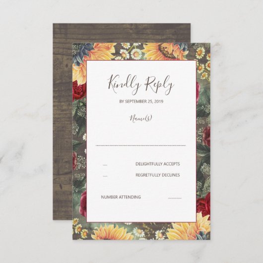 Zonnebloemen Bourgondië rustieke herfst bruiloft R RSVP Kaartje (Voorkant / Achterkant)