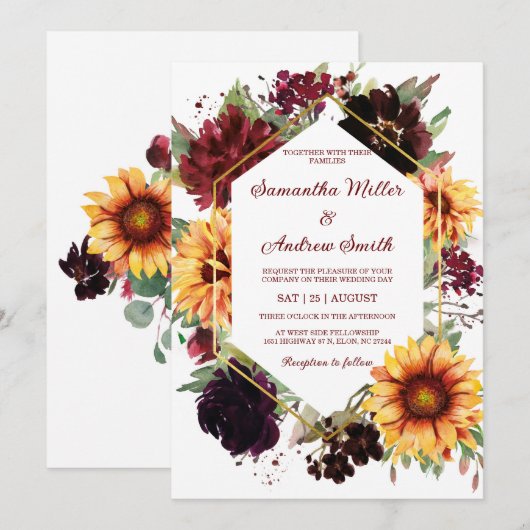 Zonnebloemen Bourgondische bruiloft ontwerp Sjablo Kaart (Voorkant / Achterkant)